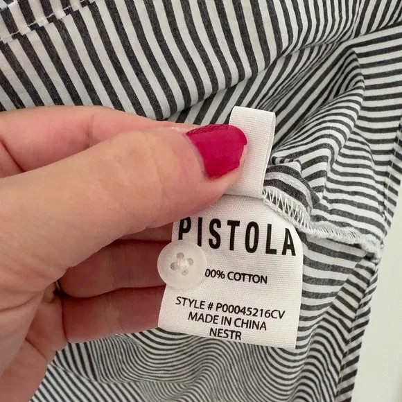 Pistola Millie Long Sleeve Button Down Shirt in Noir Ecru Stripe Size Large - Picture 6 of 7